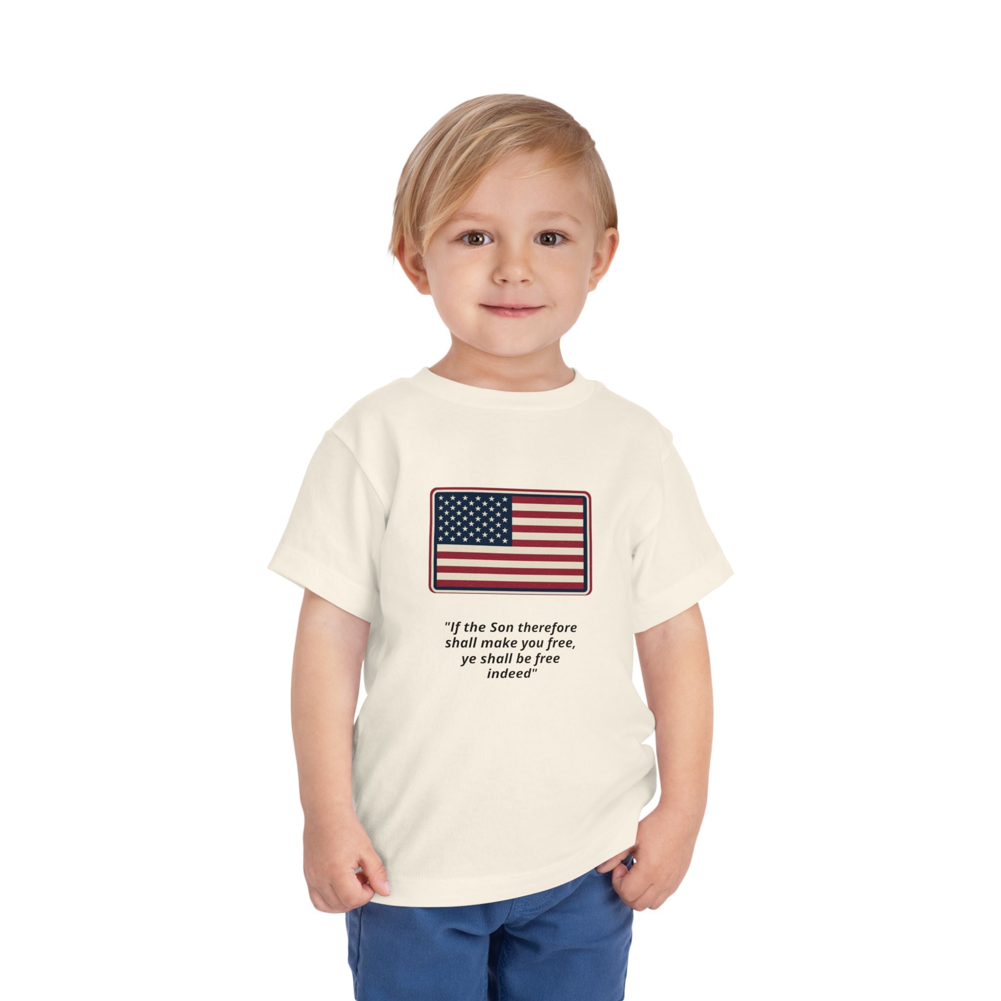 Toddler Tee — American Flag with 'If the Son therefore shall make you free, ye shall be free indeed' Patriotic Christian Kids Shirt