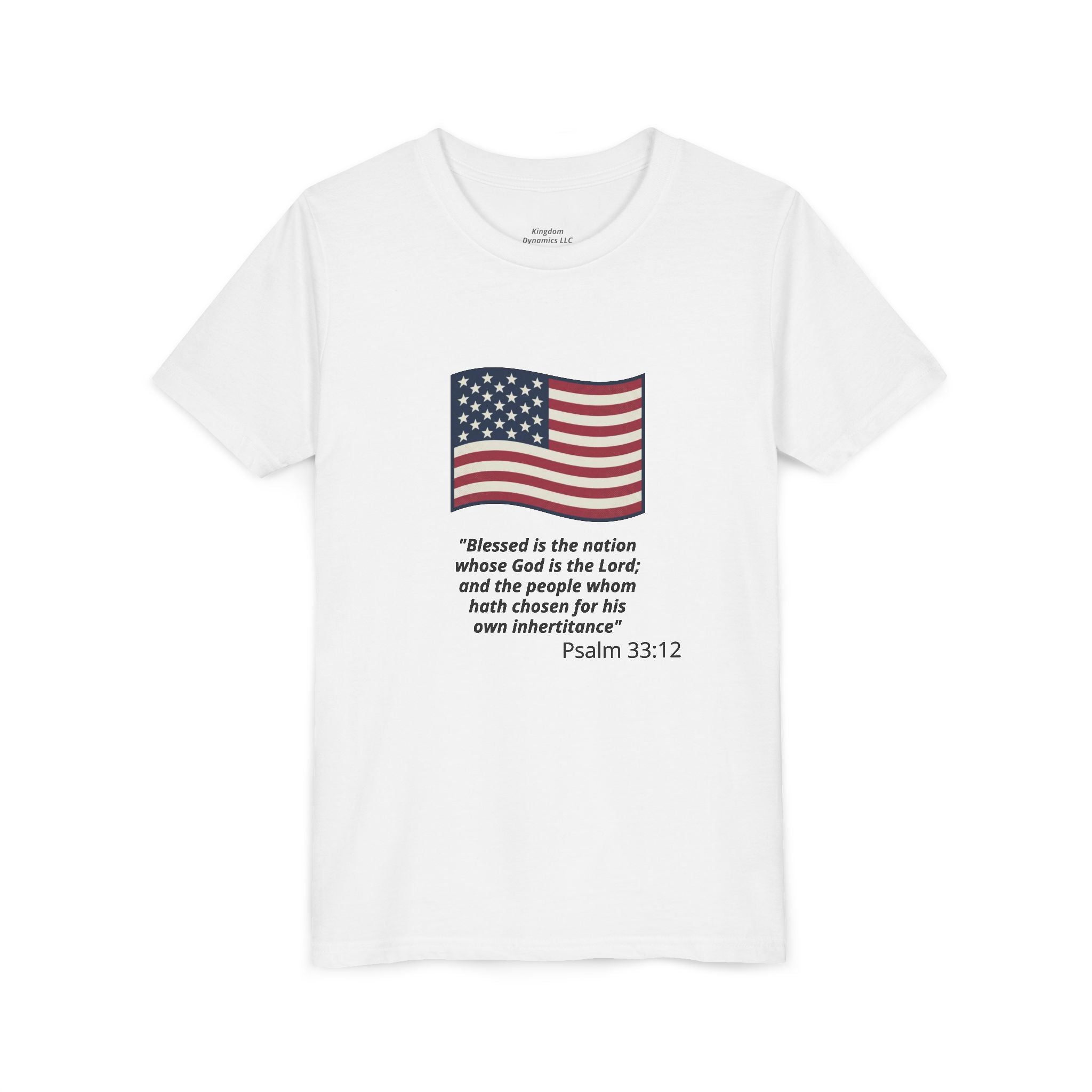 Youth T-Shirt - American Flag with Psalm 33:12 Bible Verse Patriotic Kids Tee