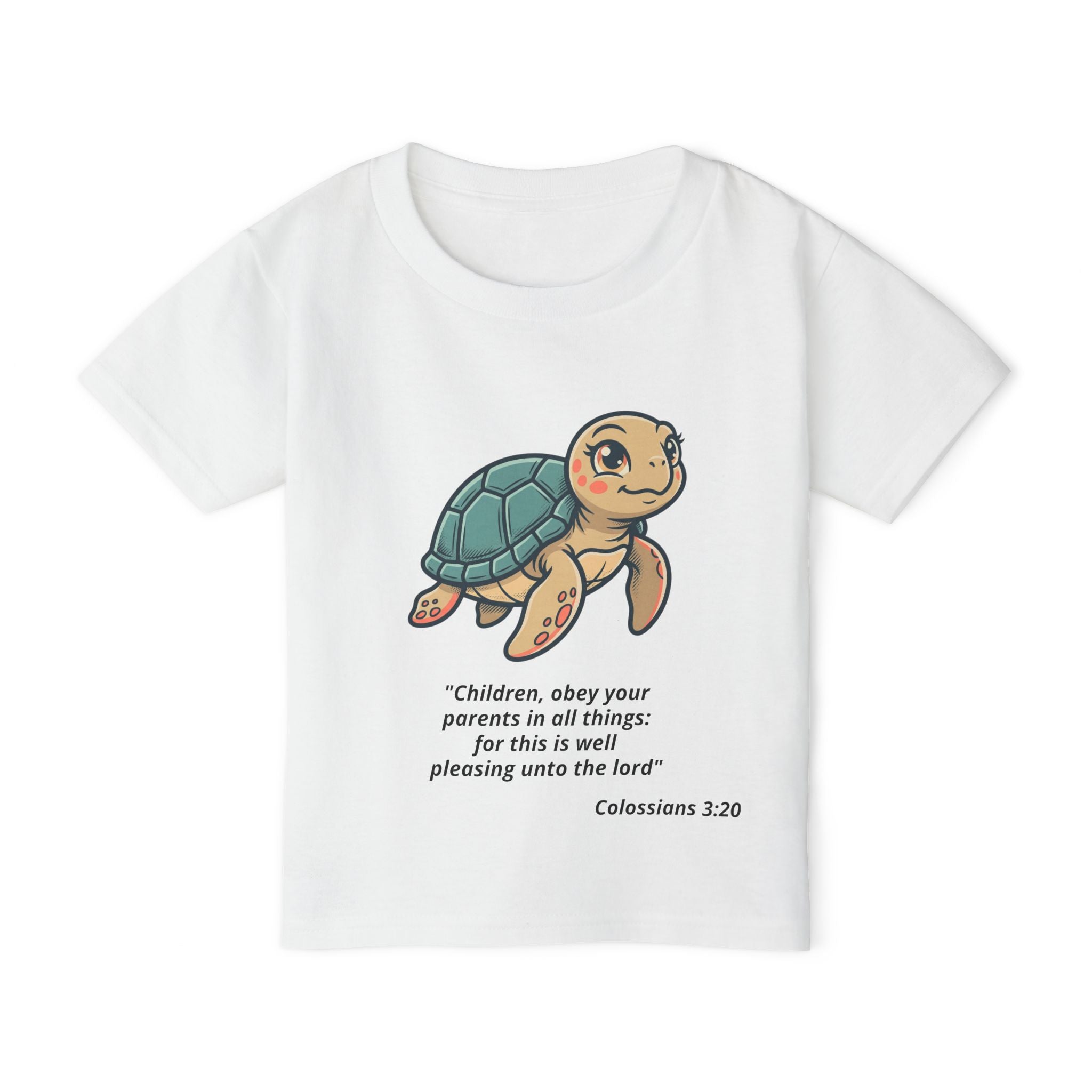 Toddler T‑Shirt — Cute Sea Turtle with Colossians 3:20 Bible Verse